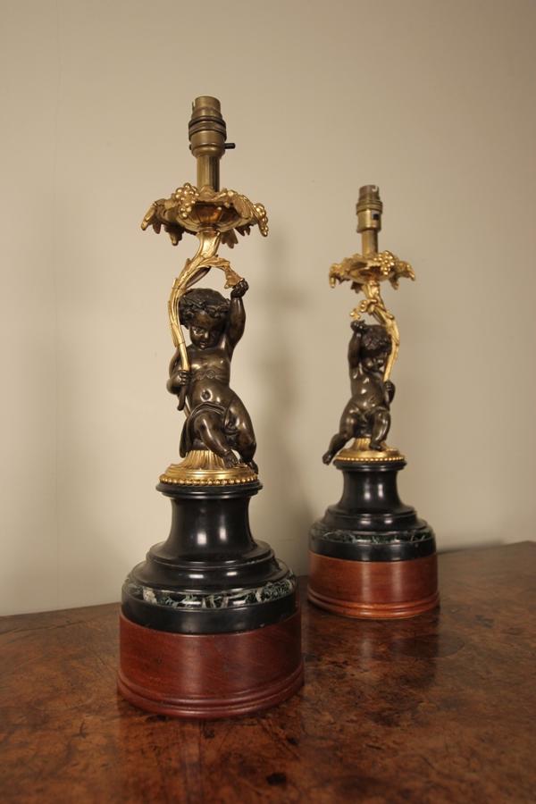 Pair of Bronze, Ormolu & Marble Cherub Lamps