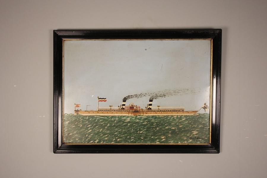 Naive Portrait of a Paddle Steamer - Oil on Tin