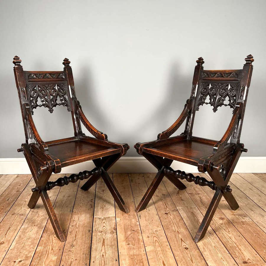 Pair of Bold Gothic Oak Glastonbury / Hall Chairs