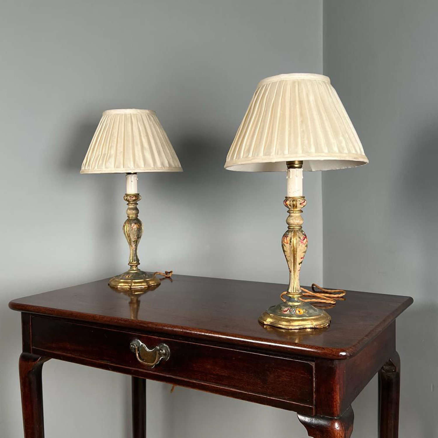 Beautiful Pair of Florentine Hand Painted & Giltwood Lamps