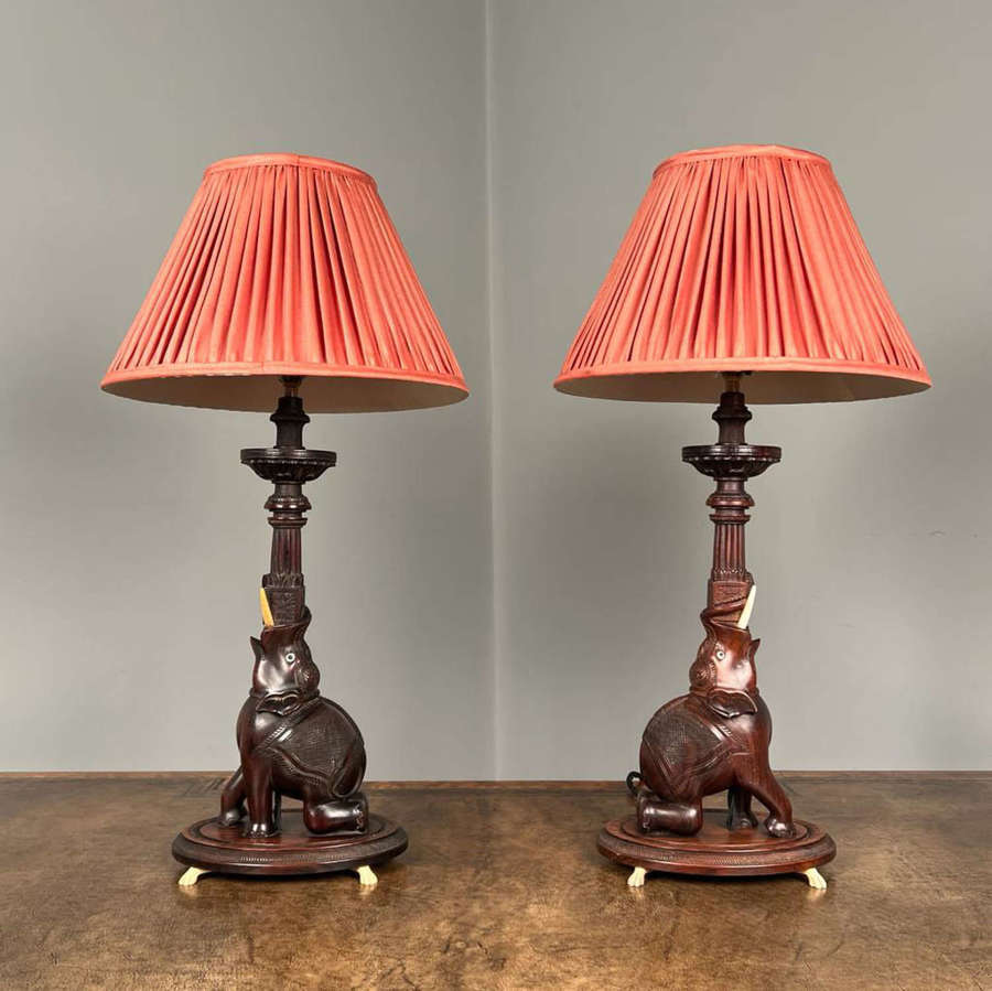 Super Pair of Early 20th C Padouk Elephant Lamp