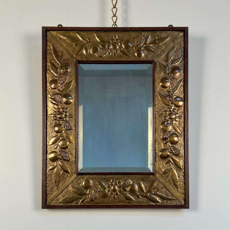 Arts & Crafts Oak & Repousse Brass Mirror